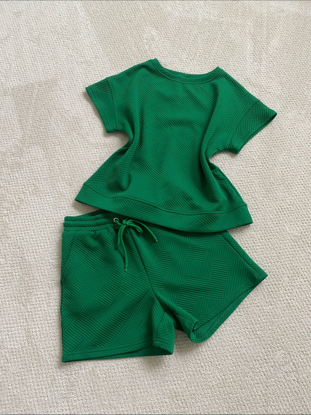 Beautiful Green Short Sleeve Top & Drawstring Shorts Set